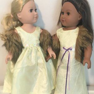 Yellow Sleeveless Party Dress W/Brown Faux Fur Stole for 18" Doll